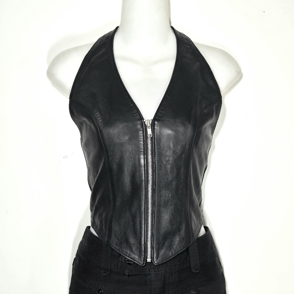 Women's Black Leather Zipper Halter Vest Top